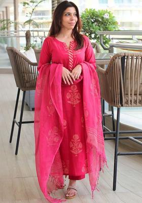Pink Printed Viscose Kurta Set