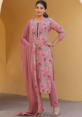 Peach Printed Cotton Kurta Set
