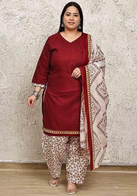 Maroon Printed Cotton Kurta Set