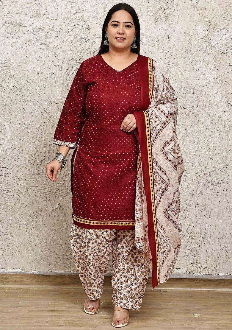 Maroon Printed Cotton Kurta Set - Indya