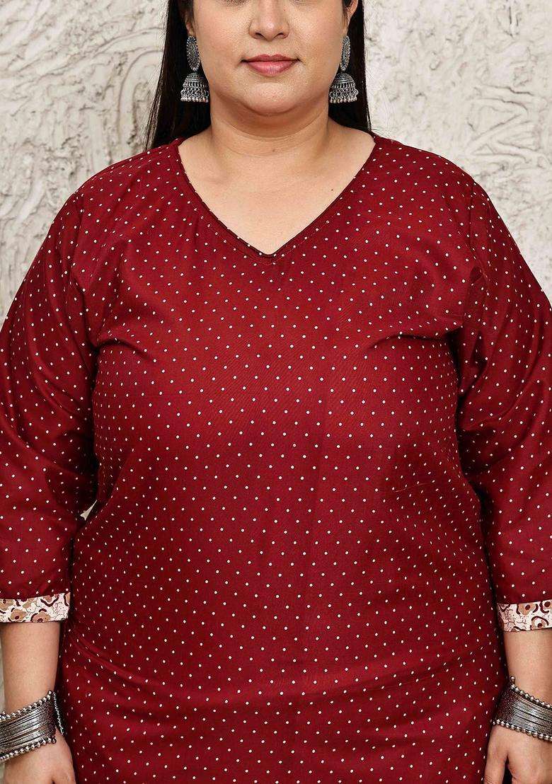 Maroon Printed Cotton Kurta Set - Indya