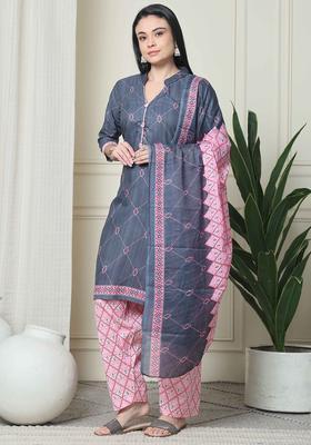 Grey Printed Cotton Kurta Set
