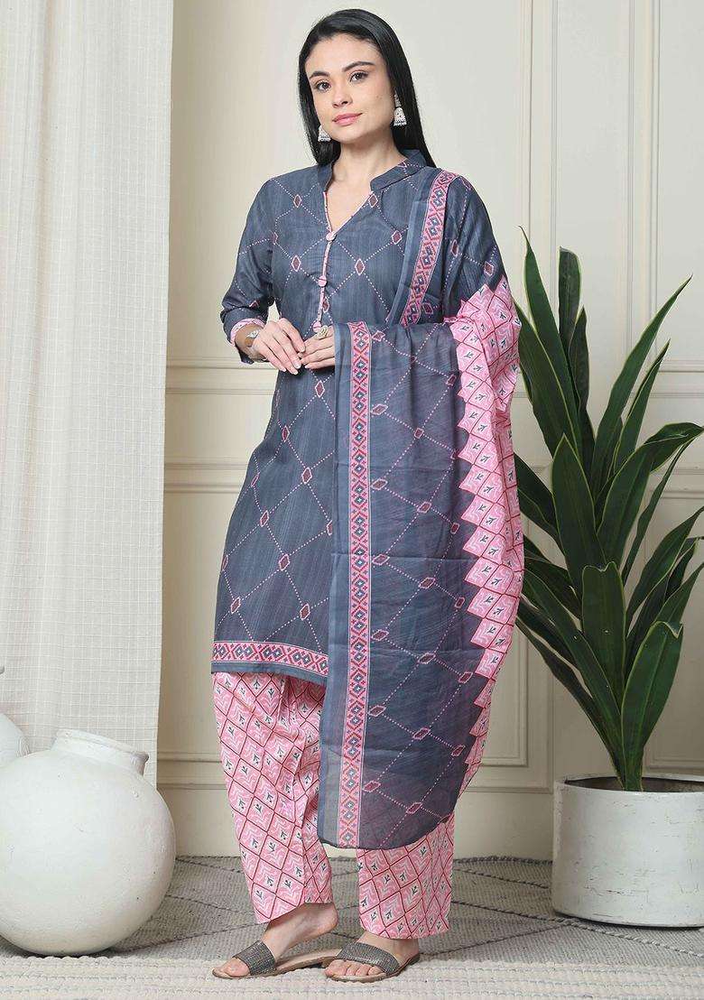 Grey Printed Cotton Kurta Set - Indya