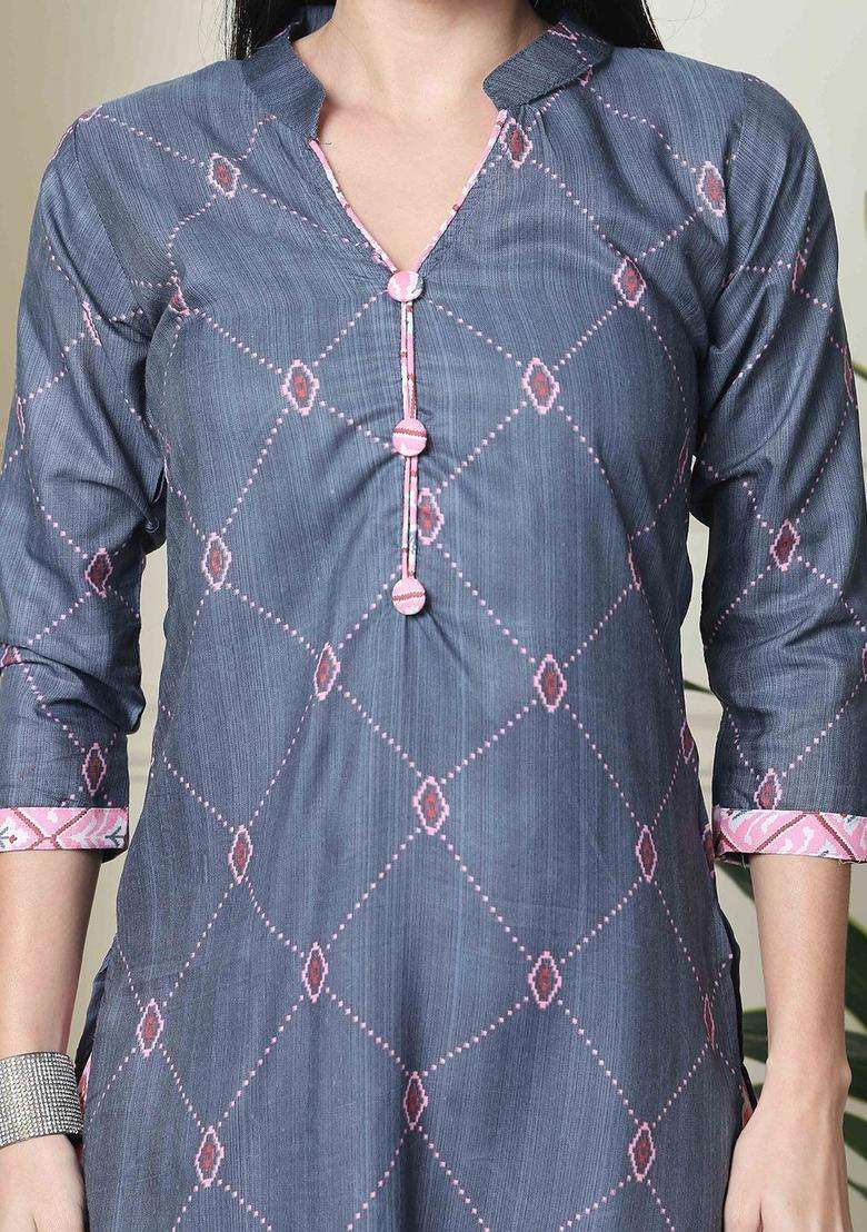 Grey Printed Cotton Kurta Set - Indya
