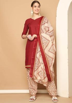 Maroon Printed Cotton Kurta Set
