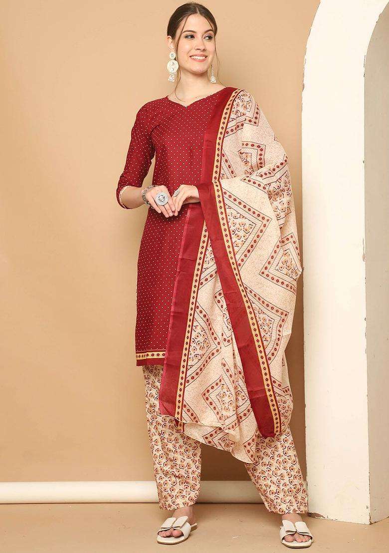Maroon Printed Cotton Kurta Set - Indya