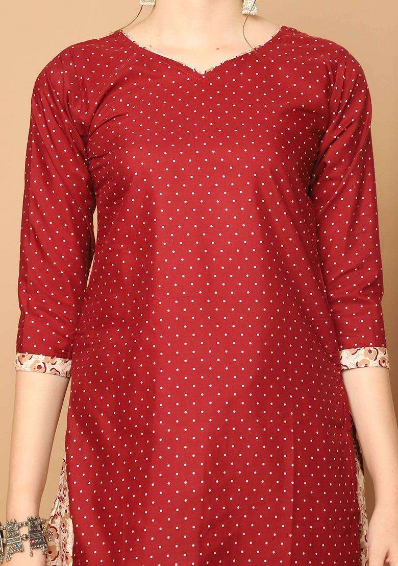 Maroon Printed Cotton Kurta Set - Indya
