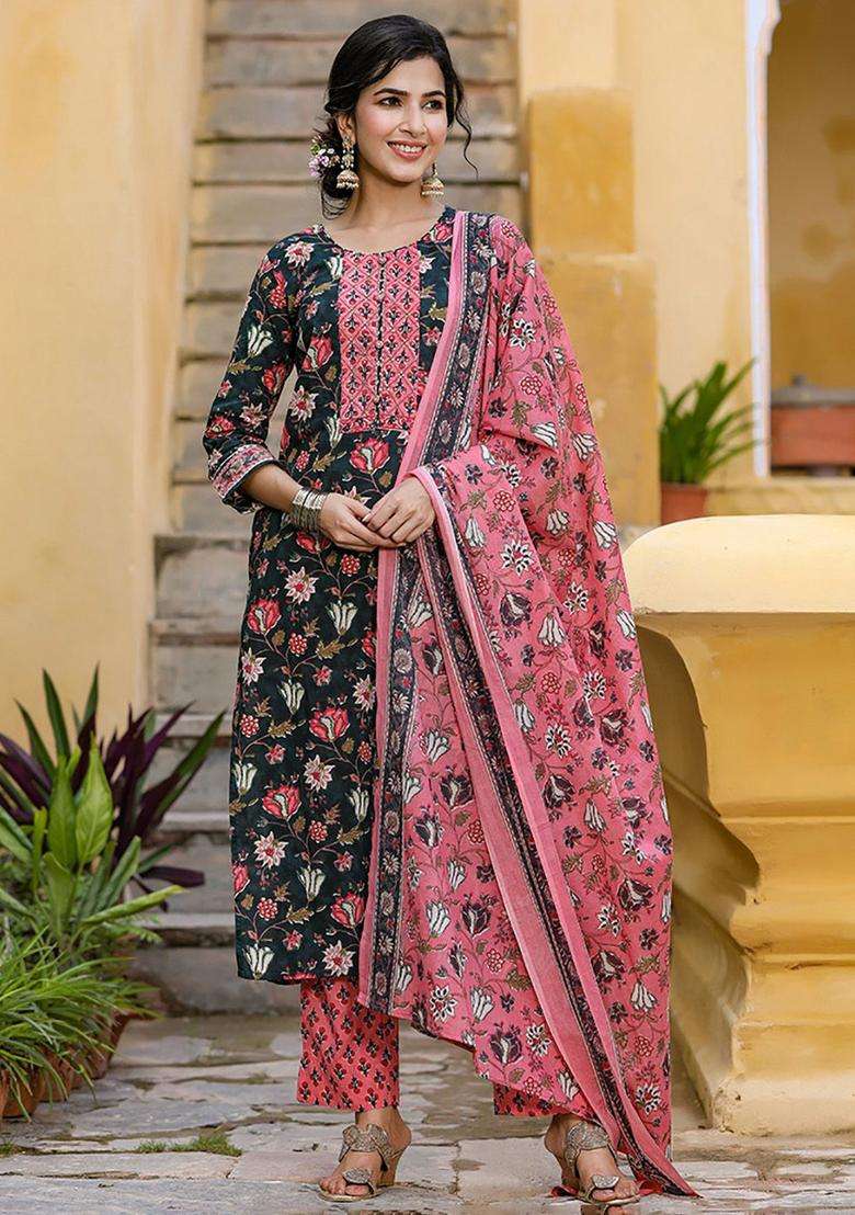 Teal Printed Viscose Kurta Set - Indya