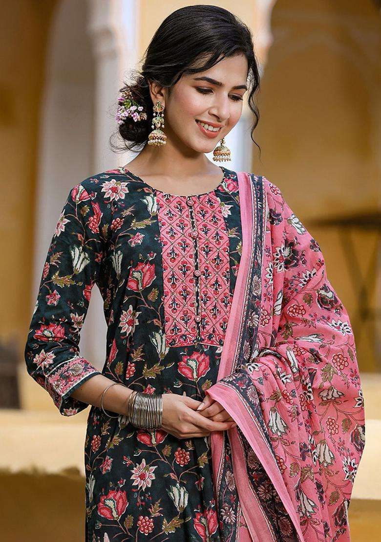 Teal Printed Viscose Kurta Set - Indya