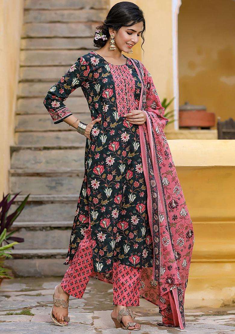 Teal Printed Viscose Kurta Set - Indya