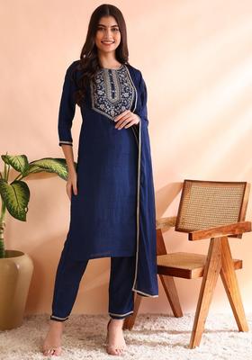 Navy Blue Yoke Design Silk Blend Kurta Set