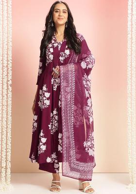 Maroon Printed Viscose Kurta Set