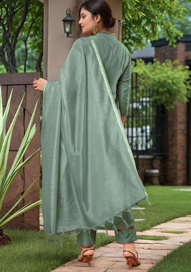 Green Solid Viscose Anarkali Set - Indya