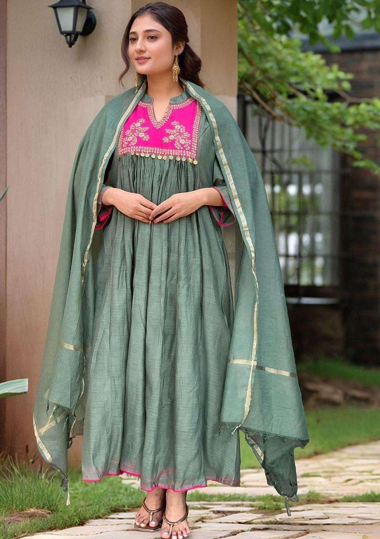 Green Solid Viscose Anarkali Set - Indya