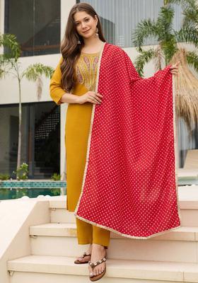 Mustard Embroidered Cotton Kurta Set