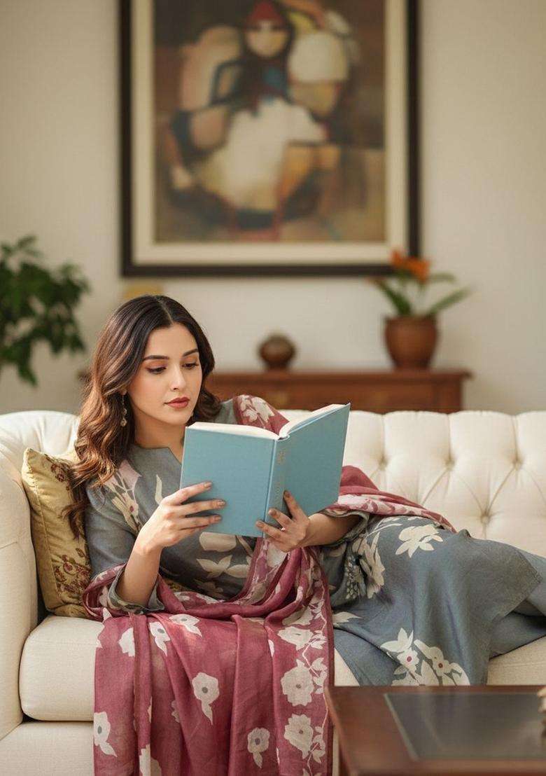 Grey Printed Viscose Kurta Set - Indya