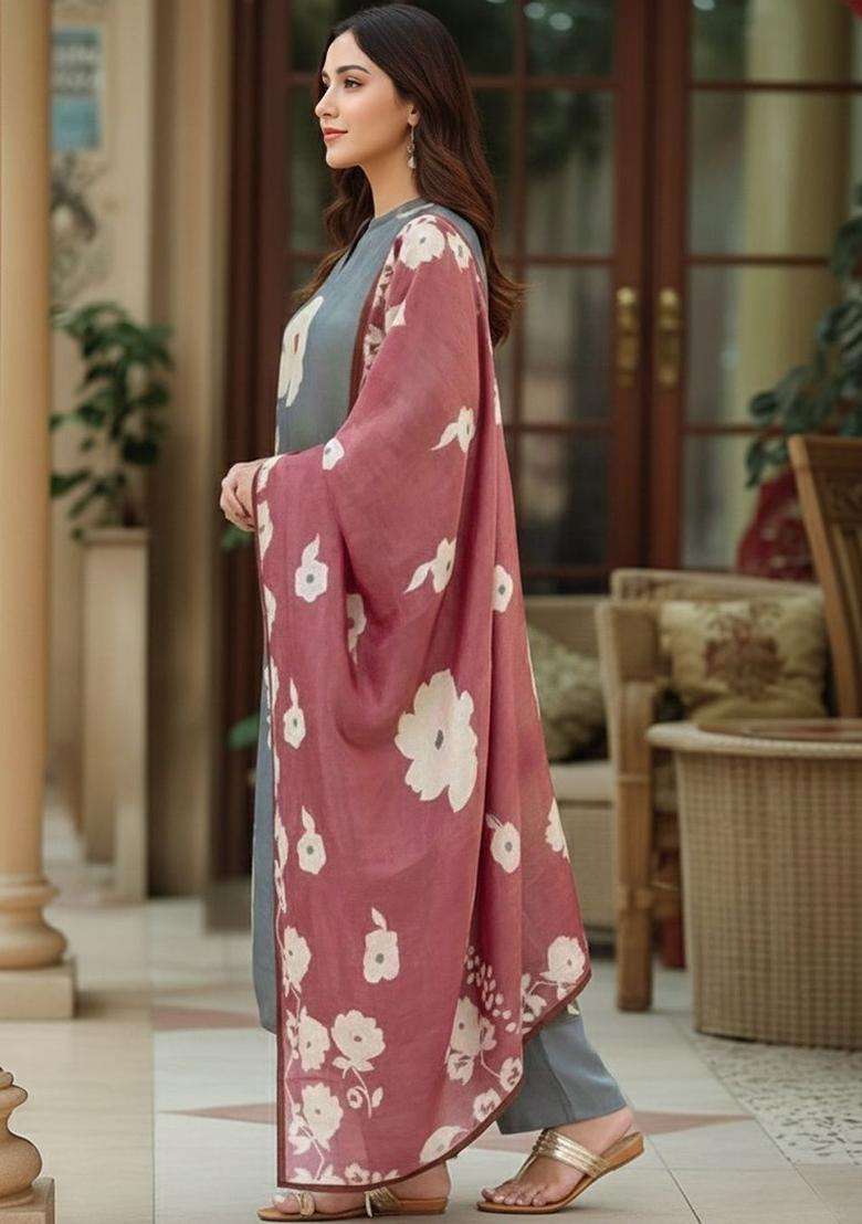 Grey Printed Viscose Kurta Set - Indya