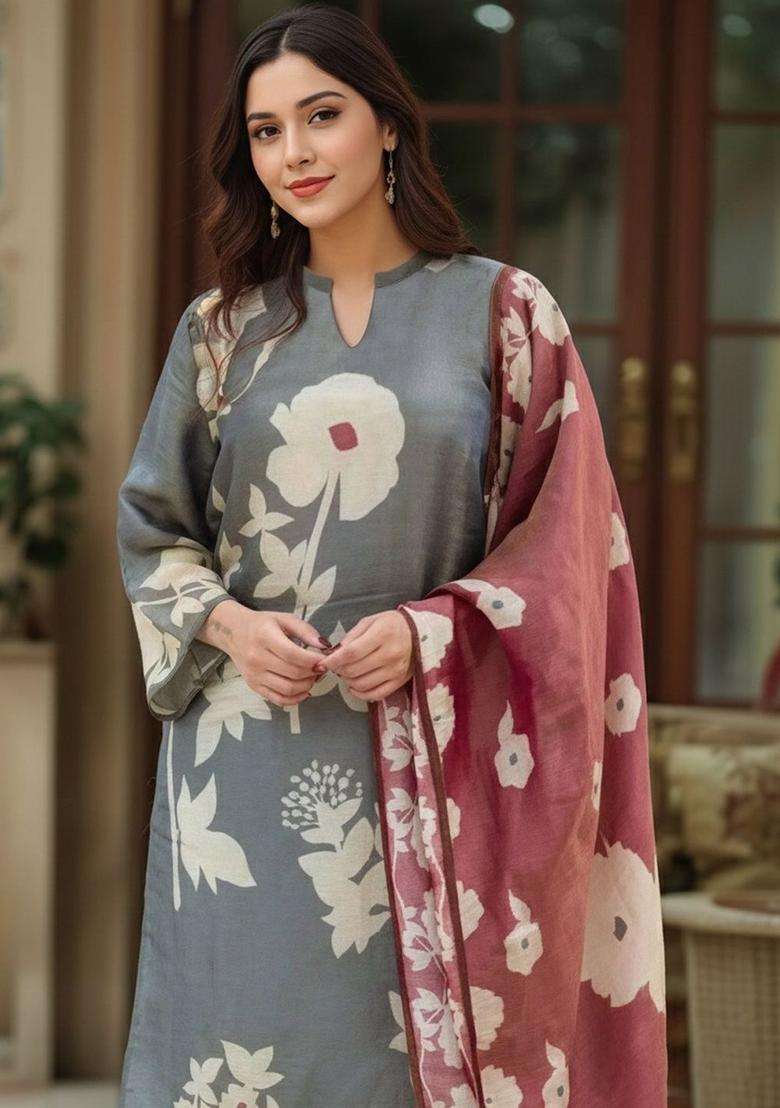 Grey Printed Viscose Kurta Set - Indya