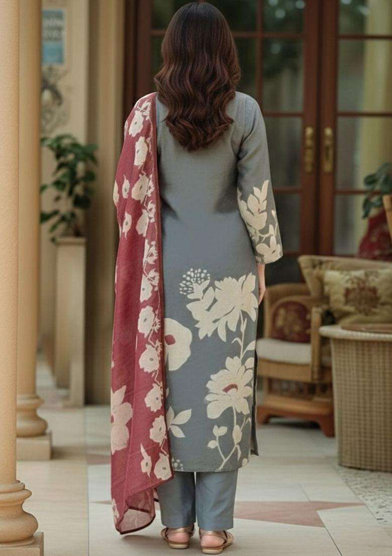 Grey Printed Viscose Kurta Set - Indya