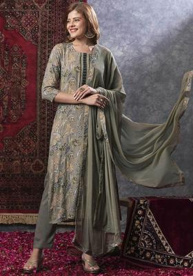 Grey Printed Viscose Kurta Set
