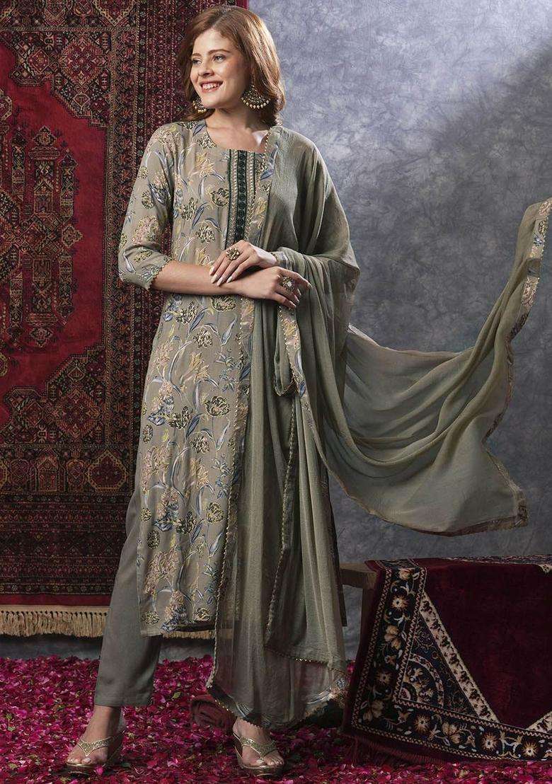 Grey Printed Viscose Kurta Set - Indya