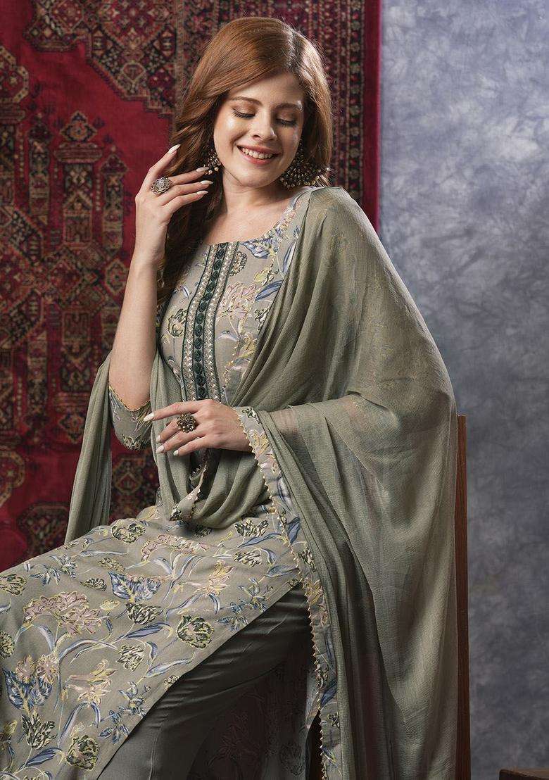 Grey Printed Viscose Kurta Set - Indya
