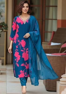 Blue Printed Viscose Kurta Set
