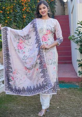 Off White Printed Cotton Kurta Set