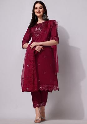 Fuchsia Embroidered Cotton Kurta Set