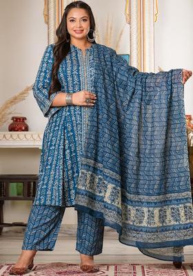 Navy Blue Printed Viscose Kurta Set