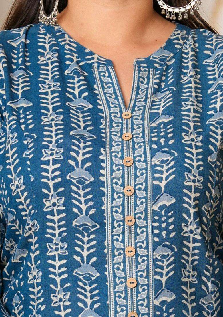 Navy Blue Printed Viscose Kurta Set - Indya