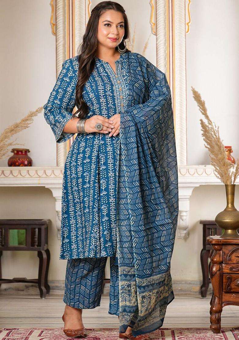 Navy Blue Printed Viscose Kurta Set - Indya