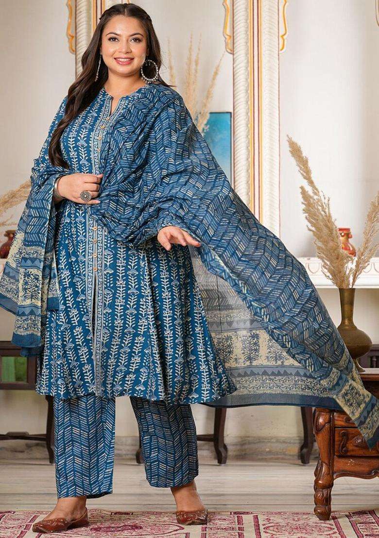 Navy Blue Printed Viscose Kurta Set - Indya