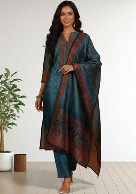 Teal Printed Silk Kurta Set