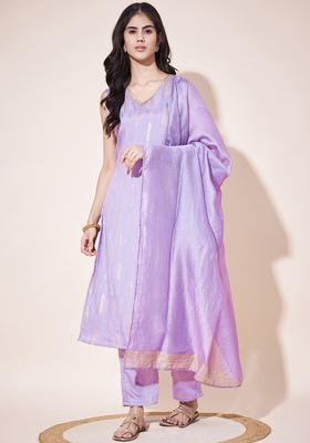 Lavender Woven Design Silk Blend Kurta Set