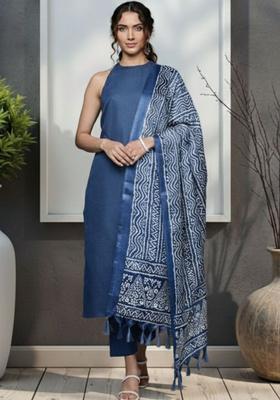 Blue Solid Cotton Kurta Set