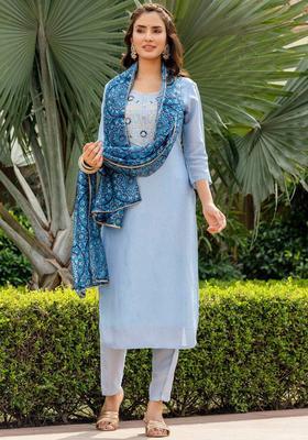 Turquoise Blue Embroidered Viscose Kurta Set