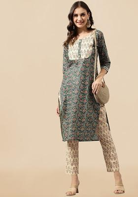 Navy Blue Printed Cotton Kurta Set