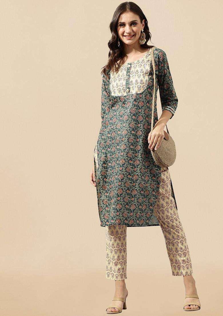 Navy Blue Printed Cotton Kurta Set - Indya