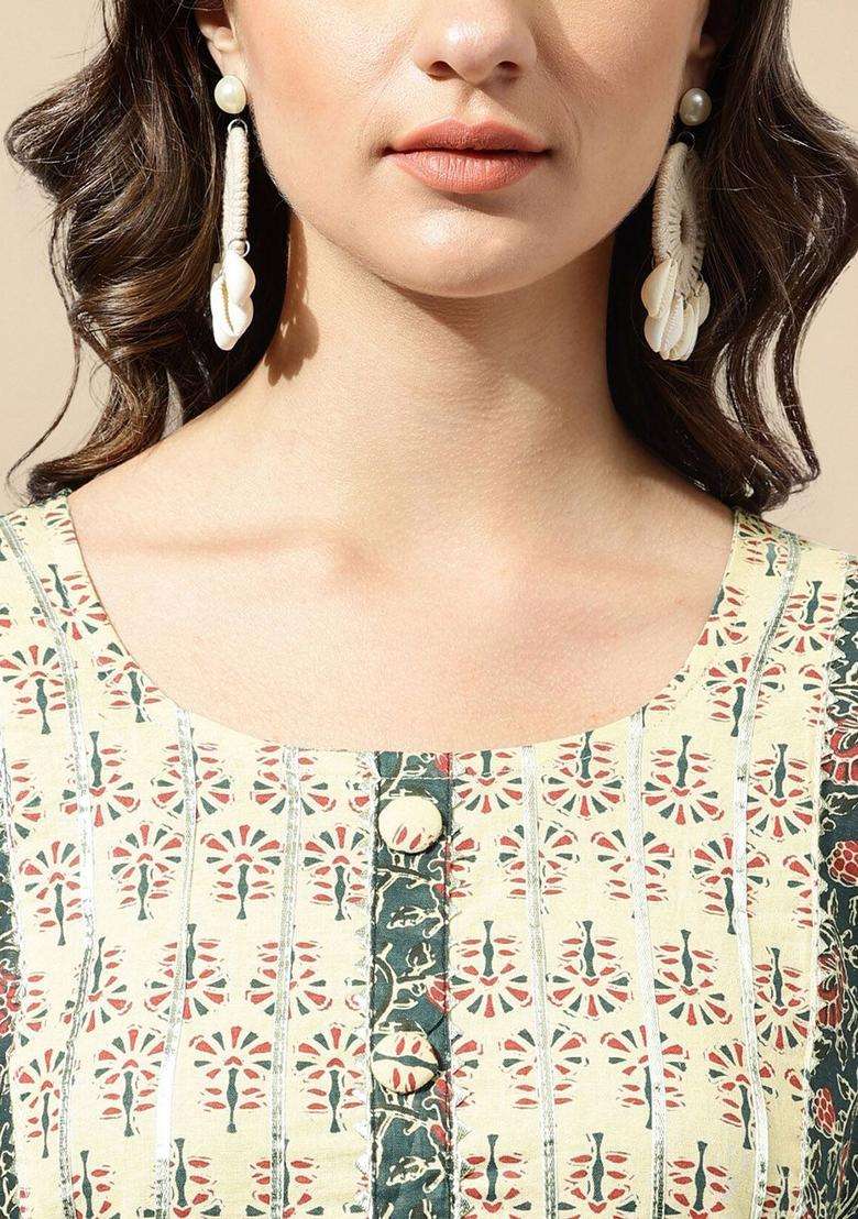 Navy Blue Printed Cotton Kurta Set - Indya