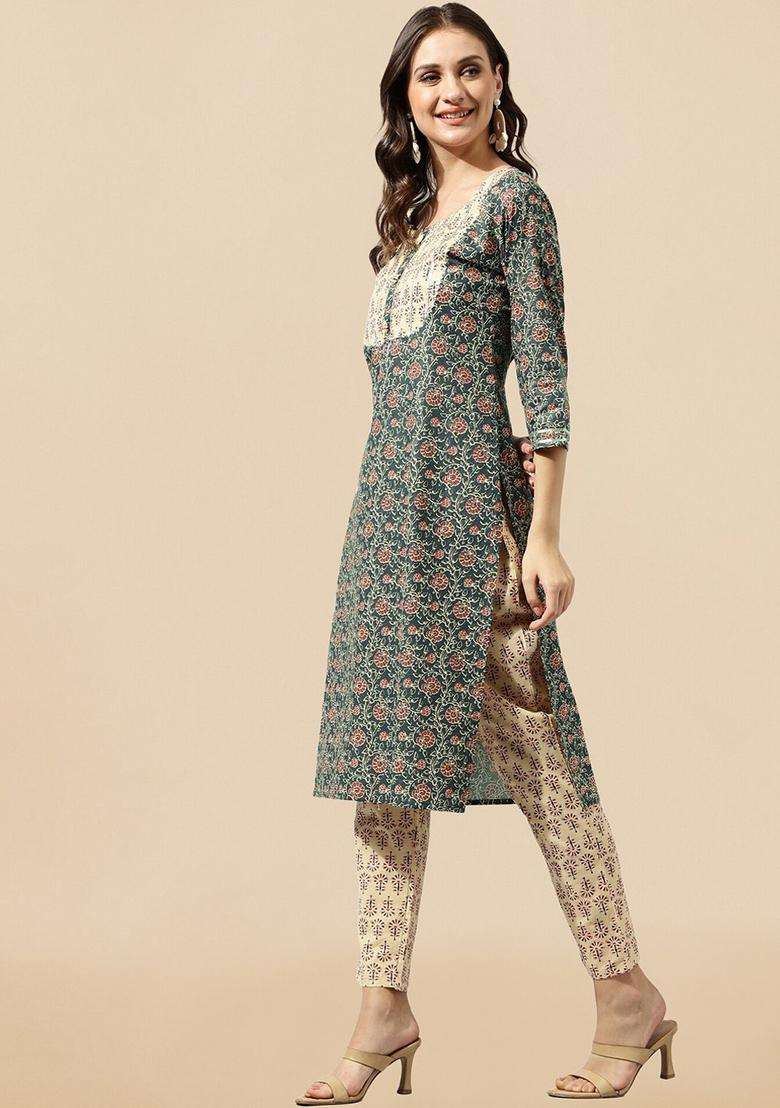 Navy Blue Printed Cotton Kurta Set - Indya