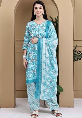 Turquoise Blue Printed Cotton Kurta Set