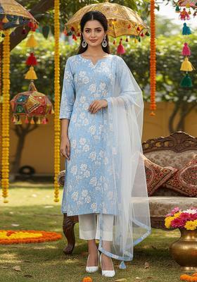 Blue Printed Viscose Kurta Set