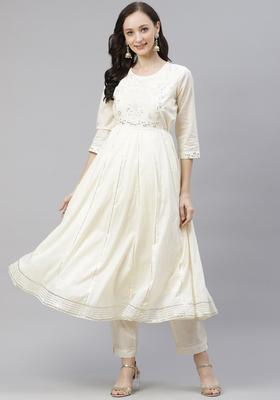 Off White Embroidered Cotton Anarkali Set