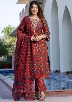 Red Embroidered Cotton Kurta Set