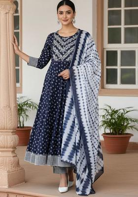 Navy Blue Printed Cotton Anarkali Set