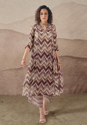 Brown Printed Viscose Kurta Set