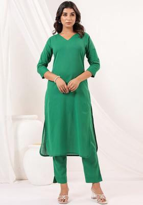 Green Solid Cotton Kurta Set