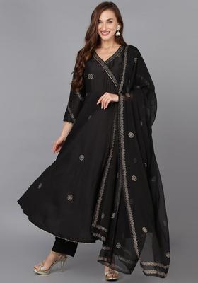Black Woven Design Silk Blend Anarkali Set
