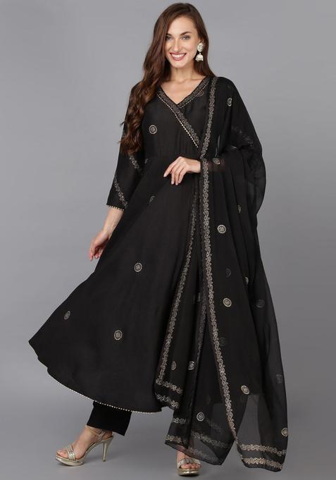Black Woven Design Silk Anarkali Set — view on Indya